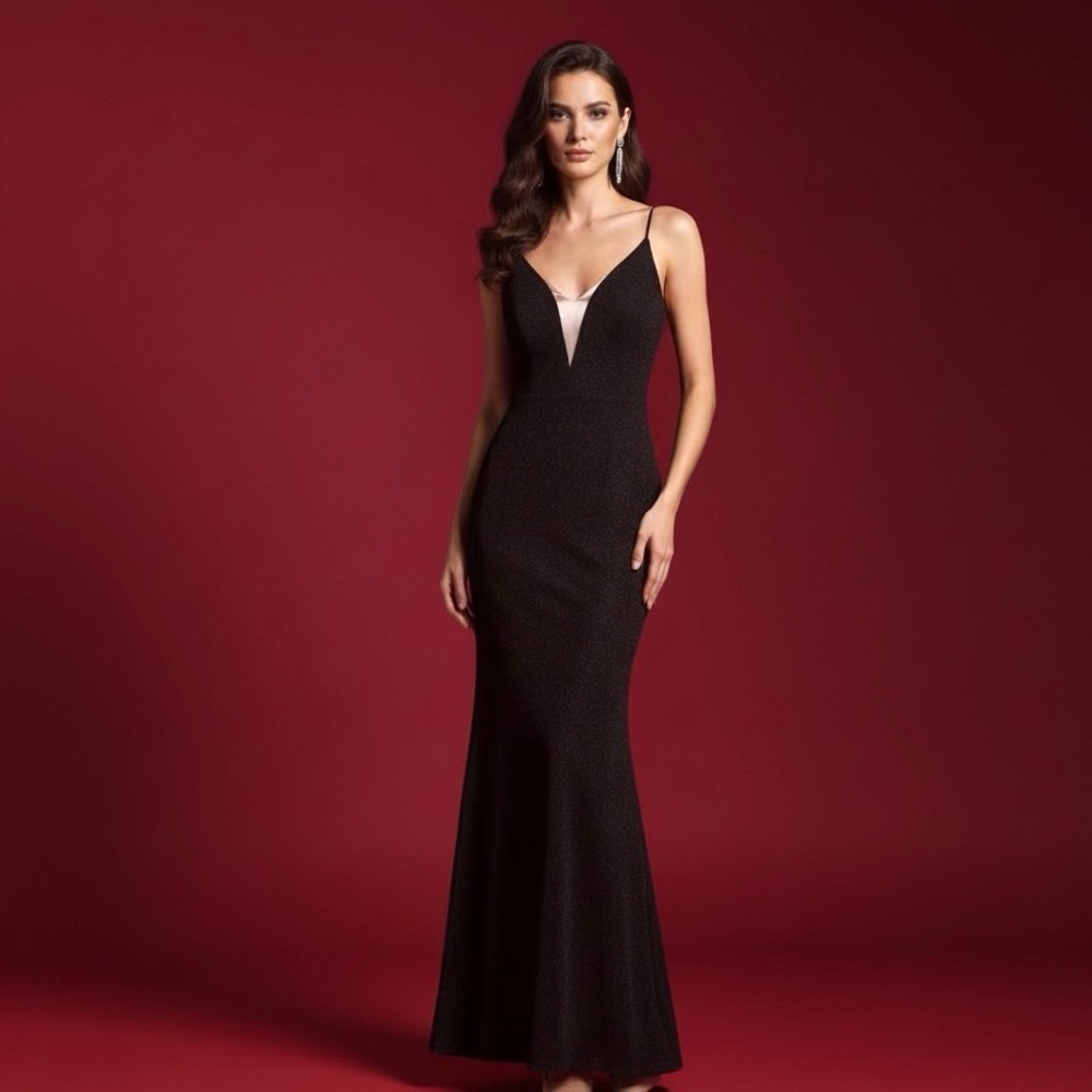 Angela & Alison Black Shimmer Illusion Bodice Mermaid Prom Formal Gown Train 4